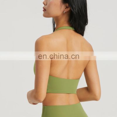 Blank Custom Sexy Backless Open Back Fitness Gym Sports Bra Casual Halter Neck Nude Soft Women Yoga Pilates Wear Fixed Pads Bra