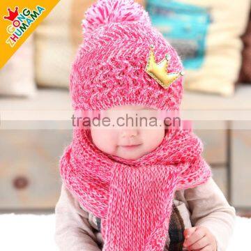 High Quality Fashion Korean Golden Crown Applique Knitted Kids Baby Hat Scarf Set photo-2