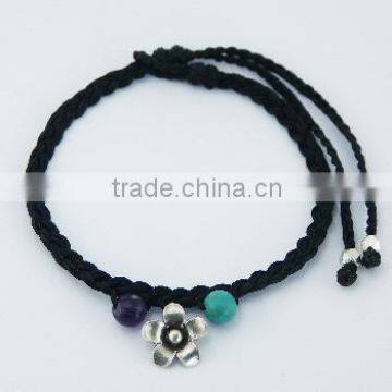 Macrame Bracelet Amethyst Turquoise Spheres Silver Flower