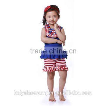 Wholesale 2016 summer short sleeve baby clothing sets for baby kids clothes sets dark blue baby clothing sets with ruffle pants