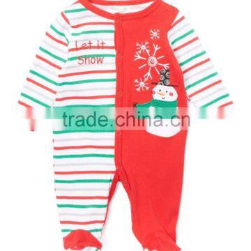 2016 New Winter Red Green Stripe Cotton Infant Footie Cute Girls Baby Romper Snowman Pattern Children Clothes G-NPRR90628-17