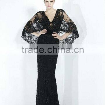 Elegant V Neck Black Lace Evening Dresses For Muslim (EVFA-1149)