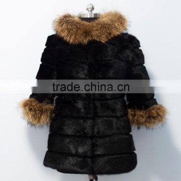 latest fashion woman luxury black real rabbit fur coat with raccoon fur trim hood