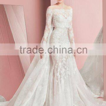 (MY110415) MARRY YOU Off-shoulder Long Sleeve Mermaid Lace Wedding Dresses WIth Detachable Train