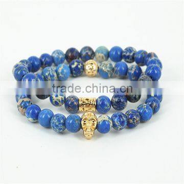 KJL-0006 New Design Mens Jewelry,Top Quality Blue Sea Sidiment Stone Beads Antique 24K Gold Skull Bracelet