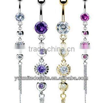 ELEGANT 4-CZ DANGLE BELLY NAVEL RING CHAIN VINTAGE BUTTON PIERCING JEWELRY