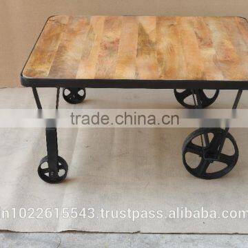 Industrial Vintage furniture Coffee table, Reclaimed wood Coffee table with wheels