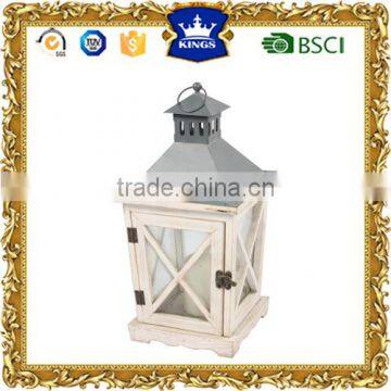 White simple LED candle wooden lantern with metal top