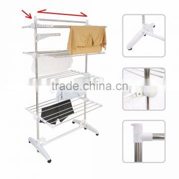 2017 hot sale portable clothes drying rack with 3 layers and 6 wheels design for adjustable bar