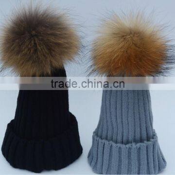 Children Hat Kids Hat Children Winter Raccoon Fur Hats 100% Real 15cm Fur Pompom Beanies Cap Natural Fur Hat For Kids Children