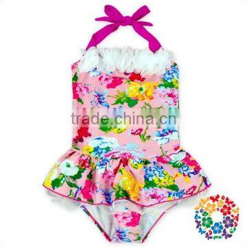 Hot Pink Floral Cotton Halter Backless Girls Swimwear Kids photo-3