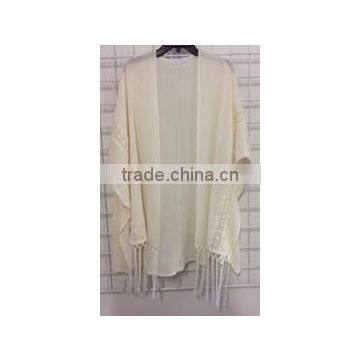 100%RAYON TOP WITH KNOT CUT FRINGE & CLUNY LACE