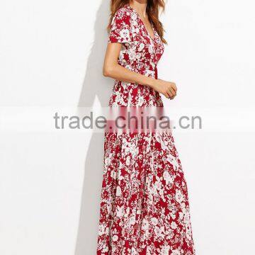 Woman Fashion Short Sleeve Floral Print Button Down Long Maxi Dress photo-4