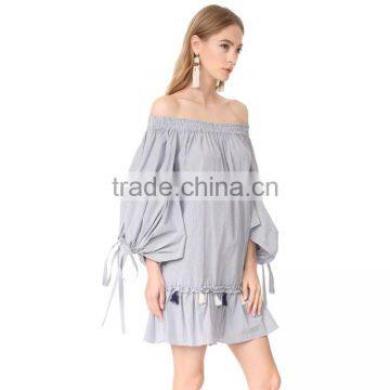 HAODUOYI Striped Women Dress Hem Ruffles Long Sleeve Sashes Loose Mini Dress Off Shoulder Backless Vestidos for Wholesale photo-2