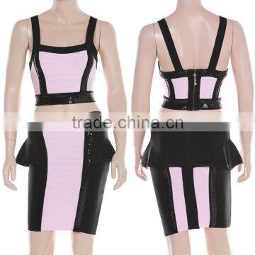 New Fashion 2015 Sequined Two Piece Pink And Black Flouncing High Quality Bodycon HL Bandage Dress