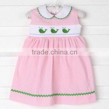 2017 Spring New Arrive Little Girls Easter Clothes Smocked Whale Collared Jummper Pink Gingham Dress