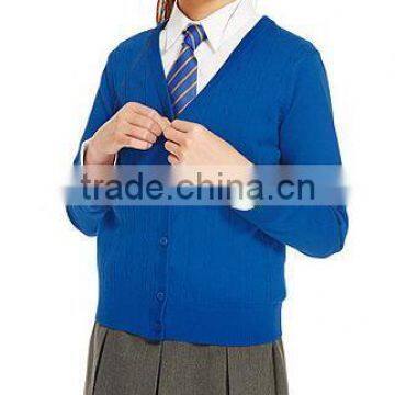 Latest! High Quality Bright Blue Button Through V-Neck Girls Long Sweater With Ribbed Trim photo-2