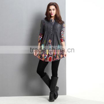 2016 New Women Tops With Charcoal Garden Notch Neck Pin Tuck Tunic Women Blouse Women Clothing GD90426-4