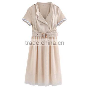 2017 Summer for Women Summer Lapel Stitching Grenadine Elegant Short Sleeve Slim Dress With Belt photo-5