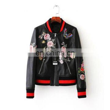 Embroidery jackets women winter flower printing PU faux leather bomber jacket wholesale price