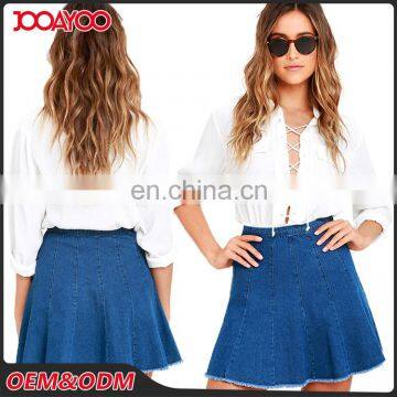 Newly Fashion Ladies Short Skirts High Banded Waist Back-Stitched Hem Wash Denim Mini Skirt