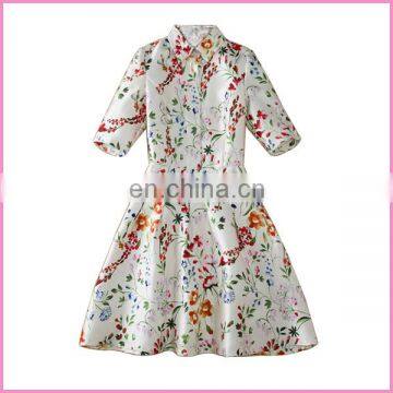 vintage flower digital printing shirt type dress with lining