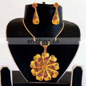 One Gram Gold Plated Pendant Set - Gold Plated Meenakari Pendant Set - Wholesale Gold Plated Pendant Set-Pakistani Pendant Set photo-2
