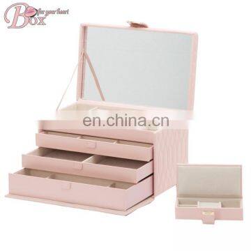 Beautiful Drawer Pink PU Leather Jewelry Storage Box with Mirror