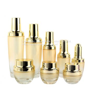 Hot Sale 100Ml 120Ml  Empty Round Yellow Glass Lotion Bottle Set And 30G 50G Jar