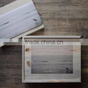 Custom logo and color unfinished sliding lid wooden photo box,wood photo keepsake boxes