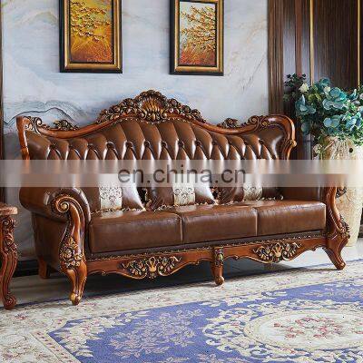 European-style Leather Sofa American Solid Wood Carved Villa Living Room Furniture