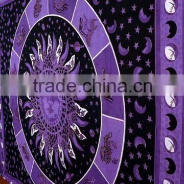 Indian Tapestry Cotton Bedding Bedsheet Purple Color Sun Horoscope Zodiac Print Wall Hanging Tapestries Throw Mandala Print photo-4