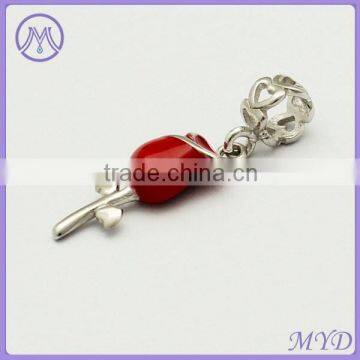 Valentines' Day 925 Sterling Silver Rose Dangle Charms Red Enameled for DIY European Bracelet Jewelry photo-3