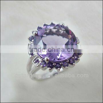 925 Sterling Silver Natural Geniune Gemstone Amethyst Rhodium Plated CZ Ring