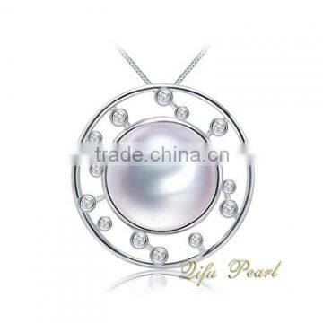 2015 14K White Gold Jewelry Round Shape Freshwater Pearl Pendant 12-12.5mm 14Carat Gold Mountings