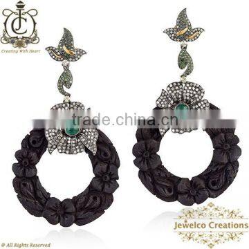 Black Onyx Carving Gemstone Earrings, 925 Silver Dangle Earrings, Pave Diamond Earrings, Manufacturer of Carved Jewelry