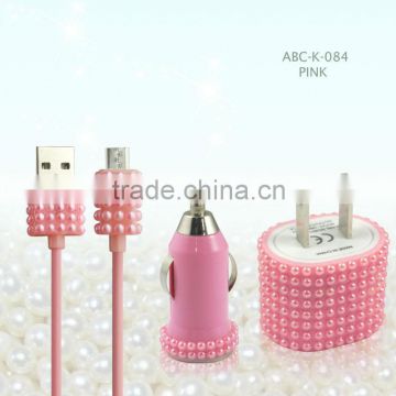 3 in 1 Bling Charger Set, US Plug Home Wall Charger with Car USB Cable