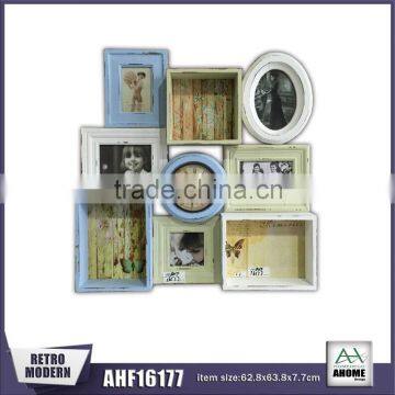 Colorful Wooden Wall Shelf With Wall Clock And Combination 5 Photo Frame