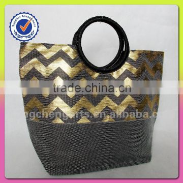 New fashion tote beach bag with polyester and paper straw handbags round handle