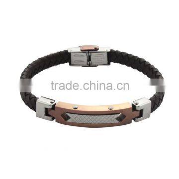 Brown wave leather bracelet rose gold plated stainless steel bracelet