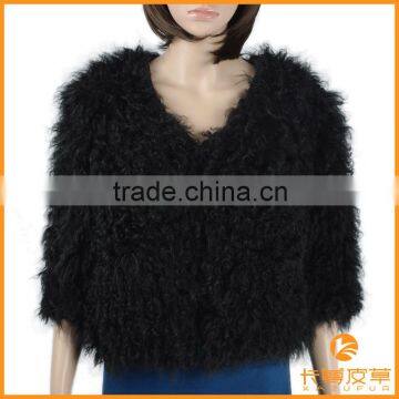 Ladies black short knitted lamb fur coat KZ150074