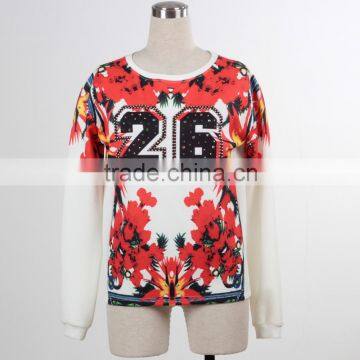 F5S10118 Women Printing Long Sleeve Rhinestone T- Shirt Spring New Design