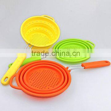 silicone collapsible folding colander flat strainer with long handle