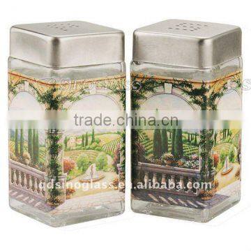 SINOGLASS 2 pcs with TUSCAN VILLA decal Square shape clear glass salt & pepper shaker jar set