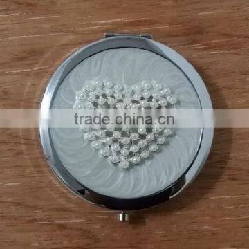 rhinestone pearls beaded metal heart compact mirror