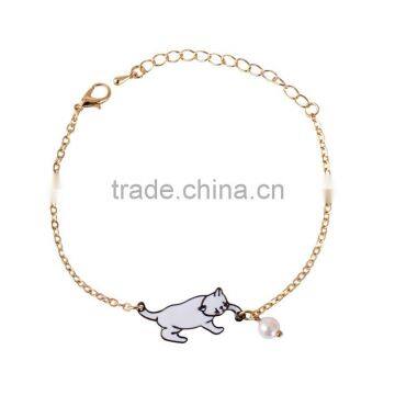 enamel cat catching the ball bracelet metal cat pearl bead charm gold chain bracelet