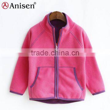 contrast elastic binding girls raglan sleeve pink fleece winter jacket