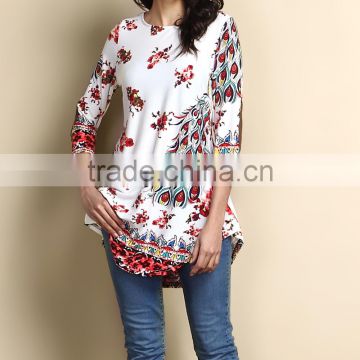 New Arrivals Women Tops With White And Red Peacock Split Hem Tunic Women Blouse Women Clothing GD90426-25