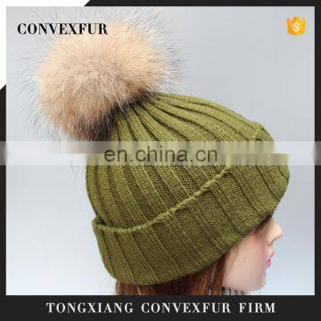 Winter acrylic women knit hats raccoon fur ball hats fur pompon hats lady beanies