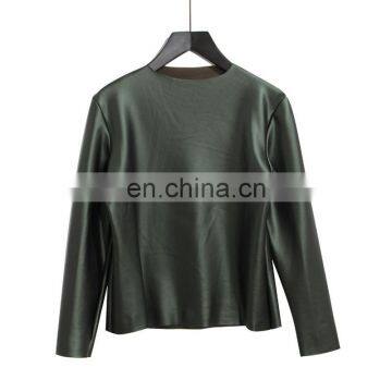 TWOTWINSTYLE PU Glossy Velvet Long Sleeve Basic Thick Warm Elastic T Shirts For Women